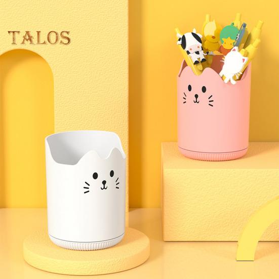 Pen Holder 360 Degree Rotating Cat Pattern Design Large Capacity Stationery Organizer Desk Accessory