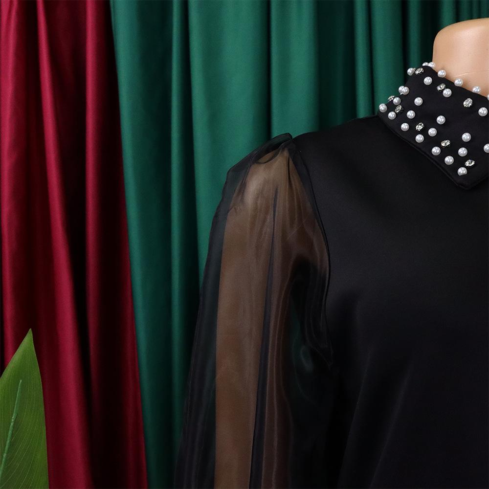 YYFS Damenmode Frühling Herbst Einfarbig Druck Langarm POLO Hals Lose Taille Casual Kleider