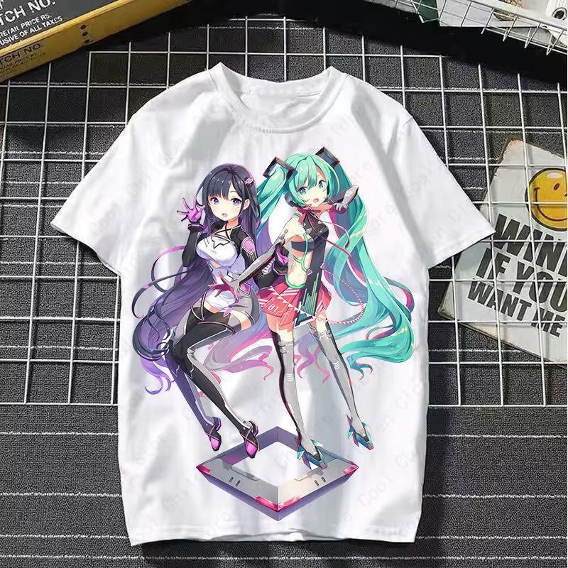 Japońska Postać Anime Słodka MIKU Letni Damski Top z Okrągłym Dekoltem Koszulka Graficzna