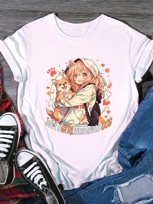 Anime Print T-shirt Casual Short Sleeve Crew Neck Top For Spring & Summer Women's Clothing