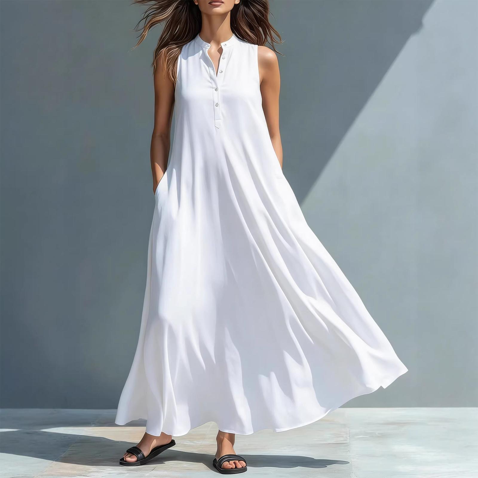 Women s Sleeveless Casual Midi Dress Relaxed Fit Flowy Tank Dress with Button Front and Side Pockets for Daily Wear M
