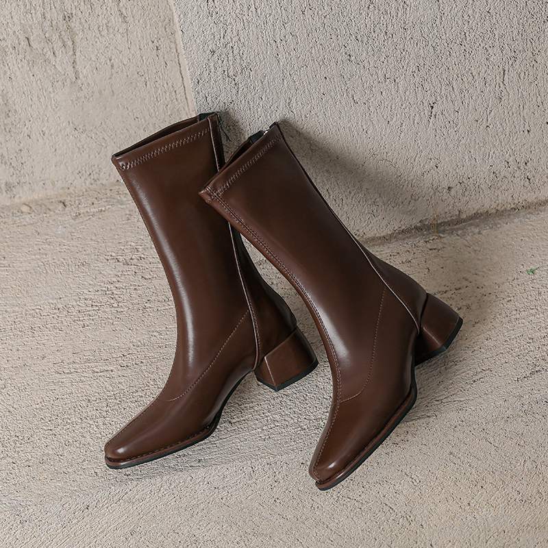 Krazing Pot Microfiber Autumn Winter Shoes Thick Med Heels Size 43 Chelsea Boots Apricot Zipper Mid-calf Boots