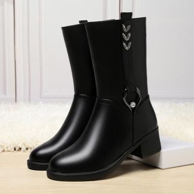 Mode Damen Winterwarme Stiefeletten mit mittelhohem Schaft Weiches Leder Dicke Absätze Neue Mutter Runde Zehenpartie Modisch Elegant Baumwollstiefel