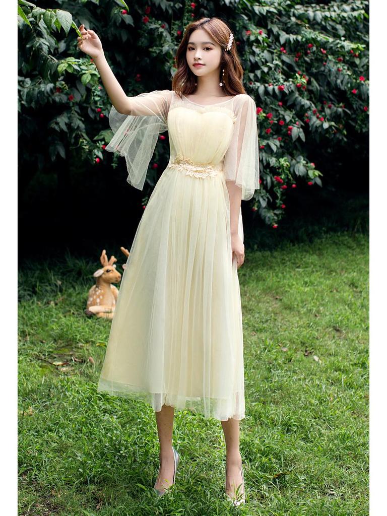 2025 New Off-the-Shoulder Bridesmaid Dress: Mid-Length, Slimming, with Fairy Charm for Special Occasions.