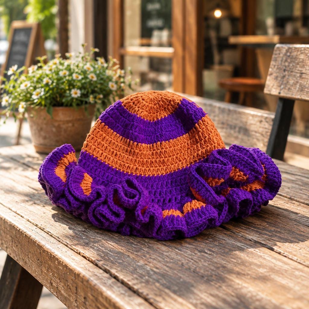 LoopKnit Hat with Ruffled Brim Universal Fit Knitted Yarn Warm for Autumn and Winter Outfits,