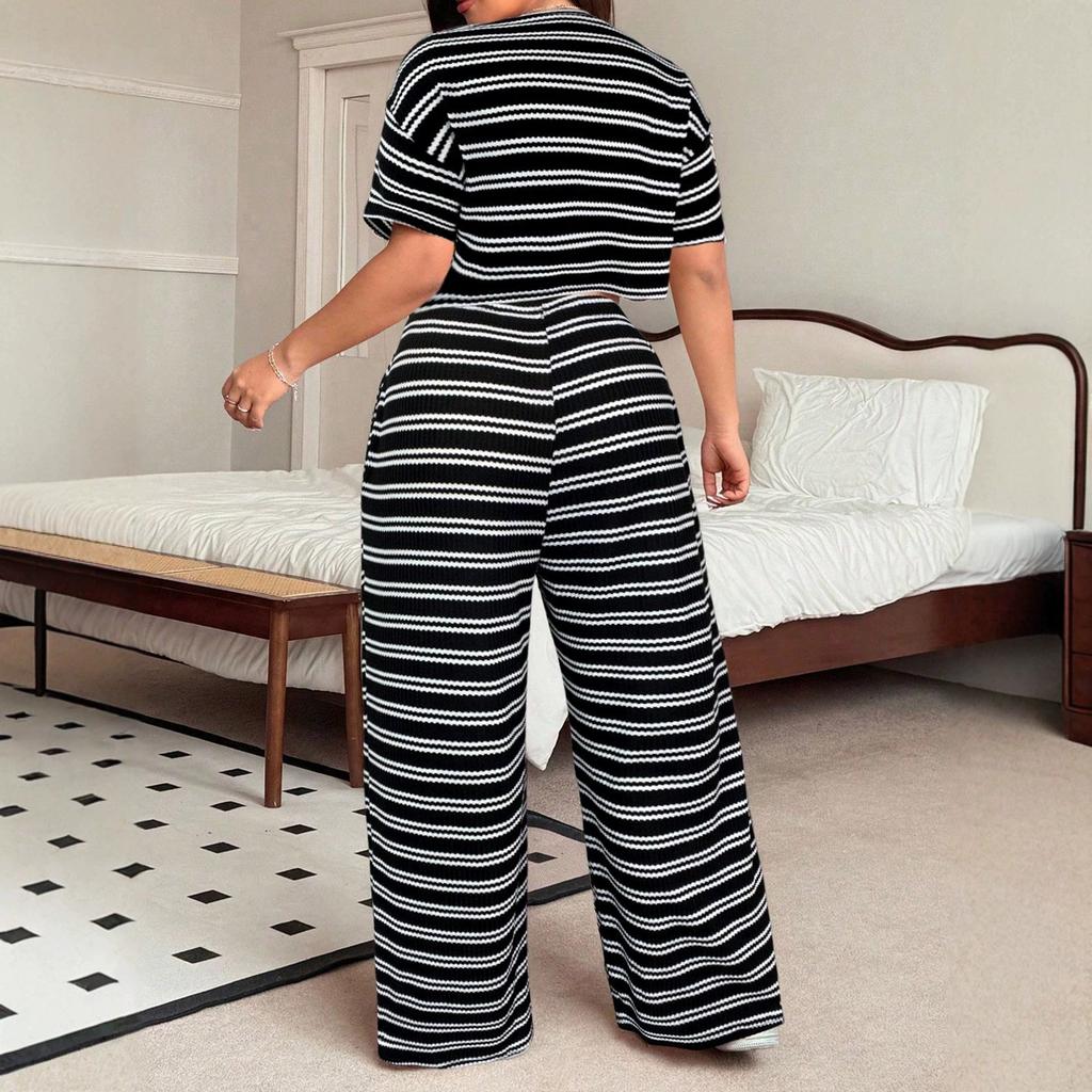 Summer New Style Striped Casual Short-sleeved Top and High-waisted Long Pants Set