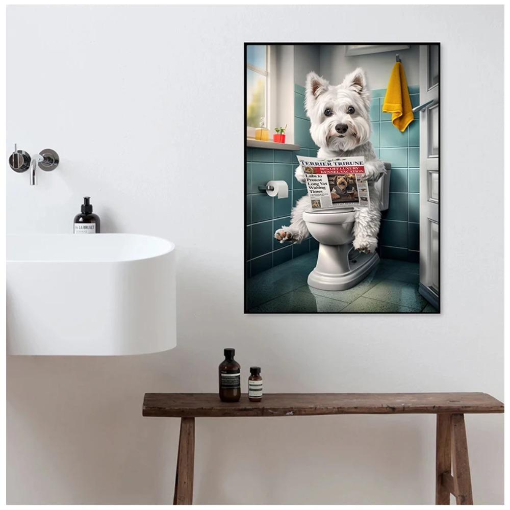 Funny Bathroom Poster Dog Reading Newspaper On Toilet Prints Pet Owner Gift Canvas Painting Wall Art Picture Home Bathroom Decor