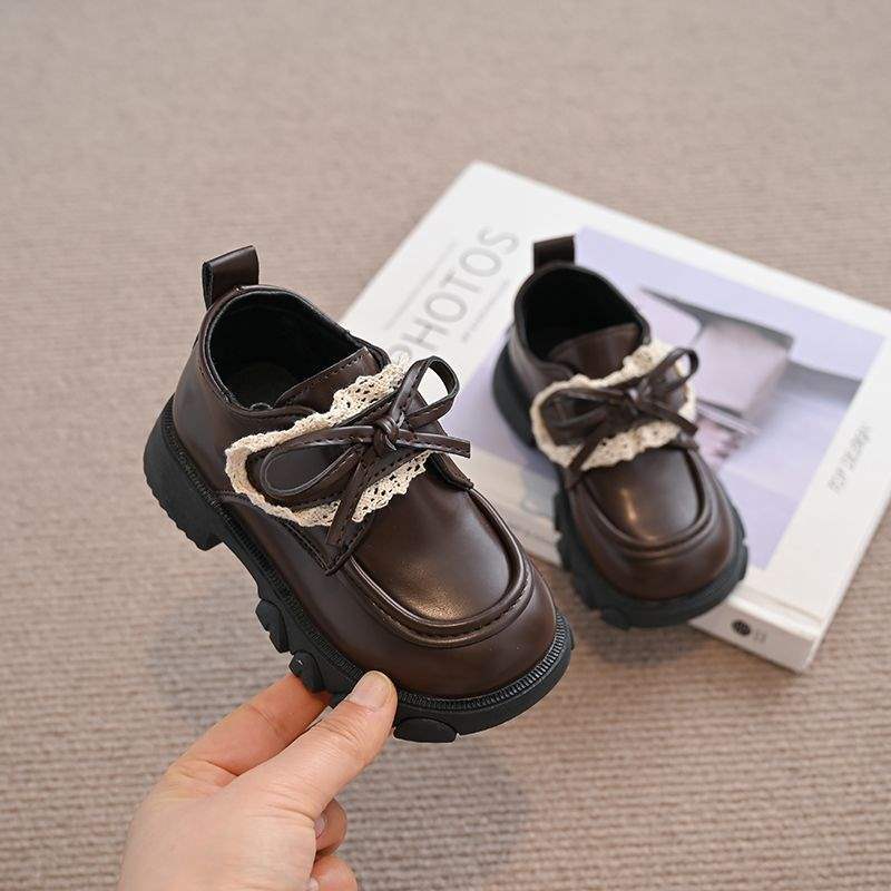 2025 Autumn New Fashion Korean Version of Girls Lace Bow Princess Leather Shoes Soft Sole Non-slip Loafers Outer Wear