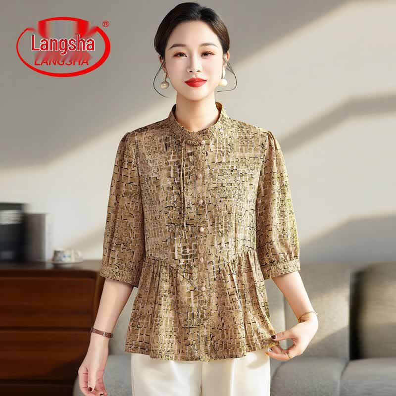 LangSha Women s Retro Stand Collar 3/4 Sleeve Blouse L