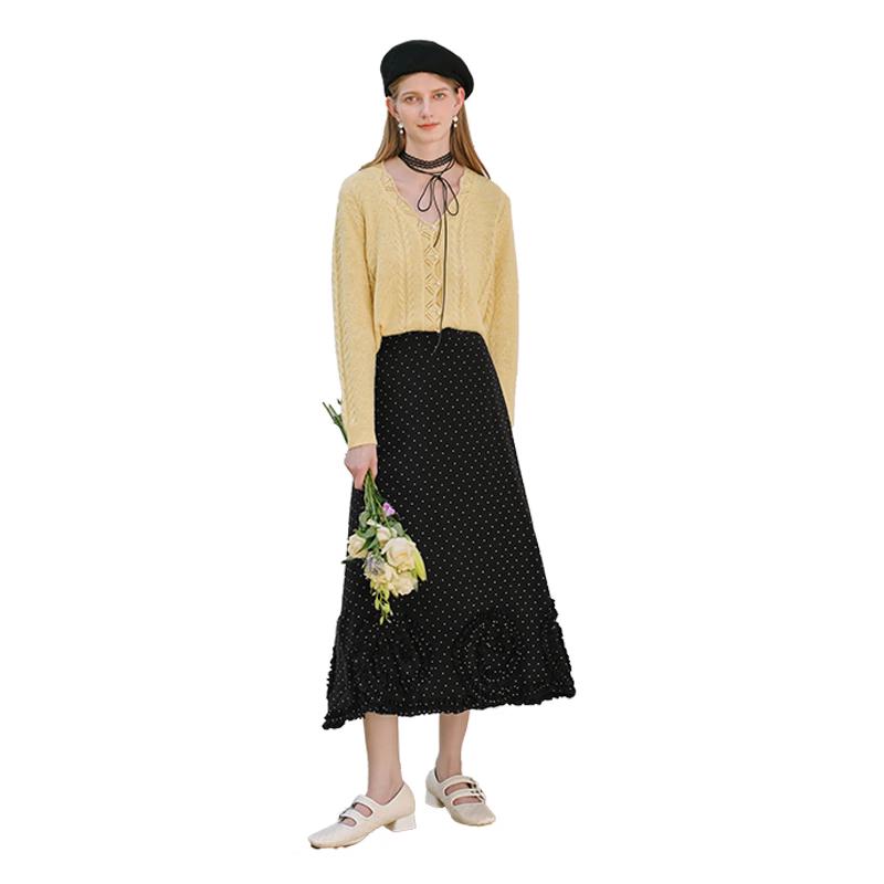 French Style Black Polka Dot A-Line Skirt M