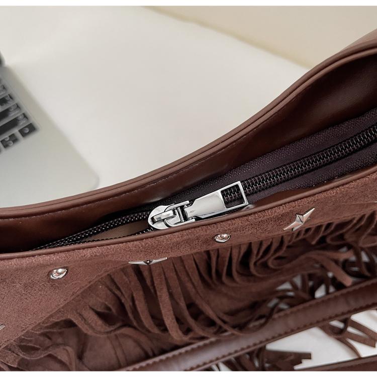 Retro Frosted Suede Tassel One Shoulder Bag Women Autumn Winter Vintage Rivet Zipper Large Capacity All-Match Crossbody Bags