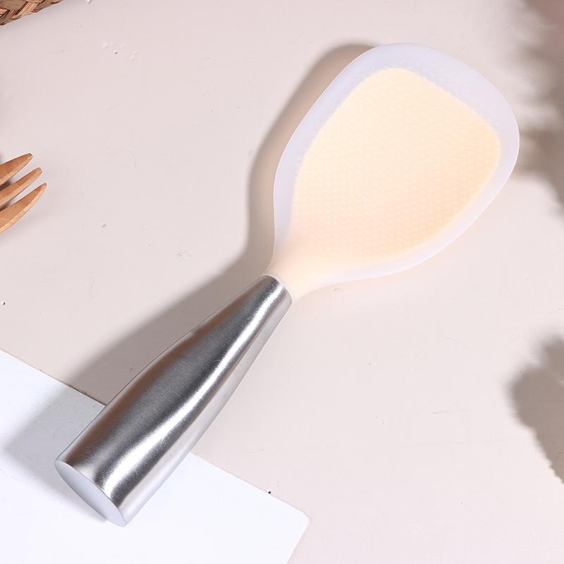 1Pc Silicone Spoon Non-Stick Cooking Spoon Stainless Steel Handle Anti-Scalding Pot Rice Spoon Durable Kitchen Gadgets
