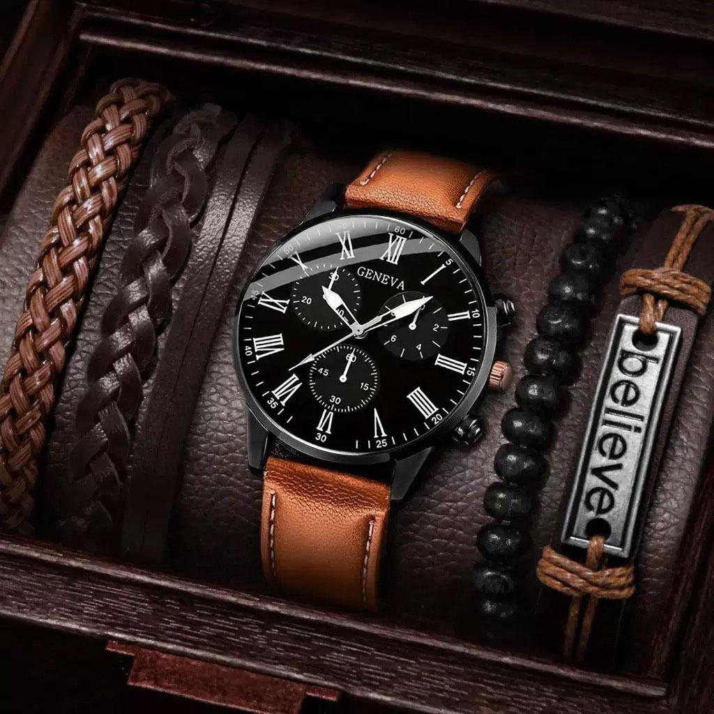 Tume Watch 5-Piece Men S Business Belt Quartz Watch Bracelet Leather Set Casual Men S Watch