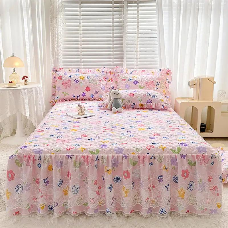 Bawełniana i lniana falbanka na ramę łóżka z nadrukiem trzyczęściowy zestaw gradientowa pikowana koronkowa narzuta antypoślizgowa pyłoszczelna pościel prześcieradła