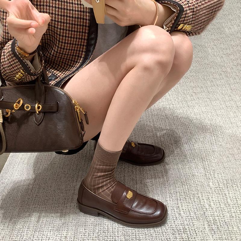 Cowhide version~ loafers women's autumn and winter black single shoes thick-soled British style gold coins one pedal lazy small leather shoes