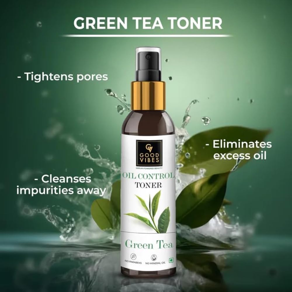 Good Vibes Green Tea Glow Toner 120 ml, Hydrating Purifying Anti Acne Moisturizing Revitalizing Facial Spray Toner for All Skin Types, Natural, No A