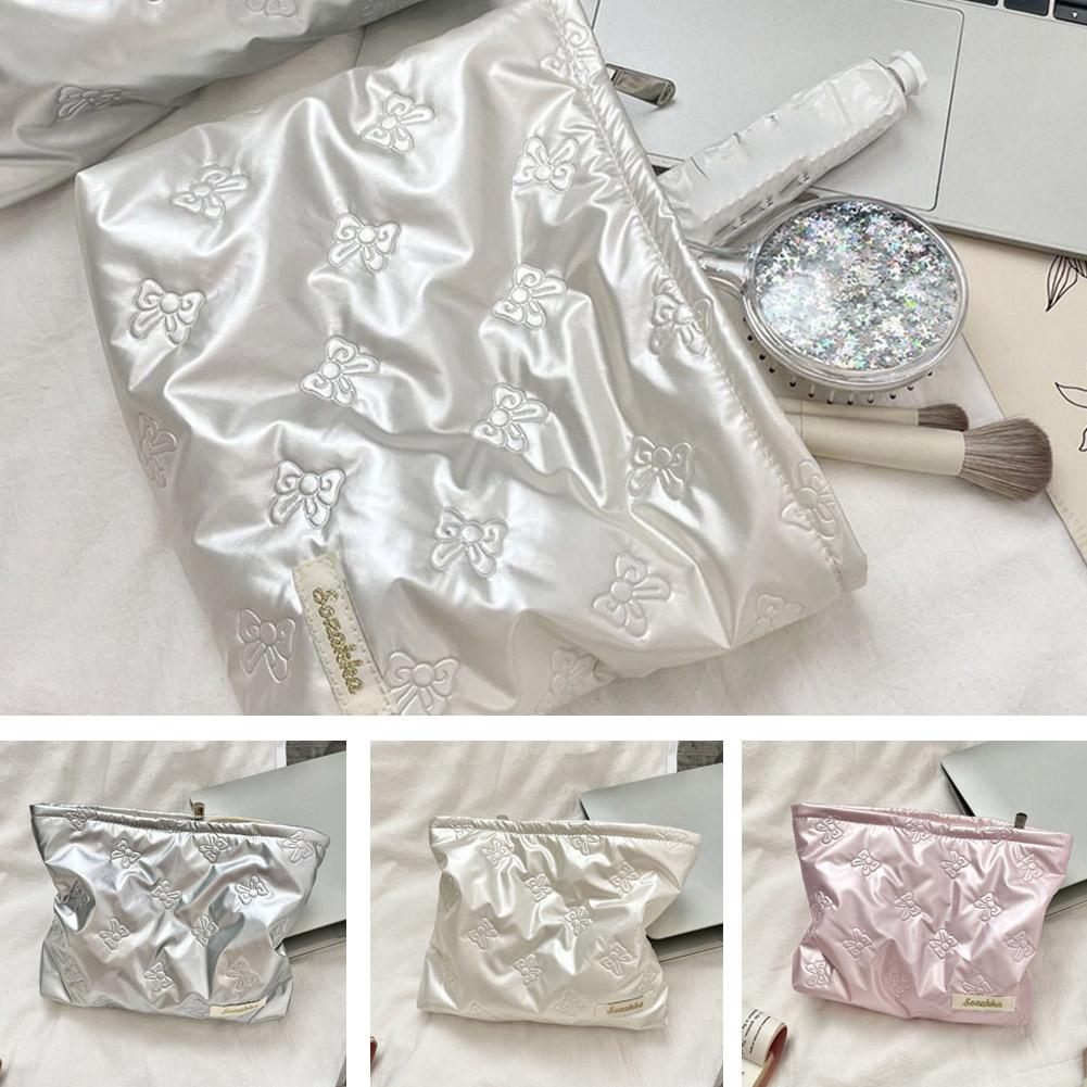Bow Print Quilting Cosmetic Bag Hand-held PU Korean Style Makeup Bag Handbag Makeup Bags Multifunctional Storage Bag
