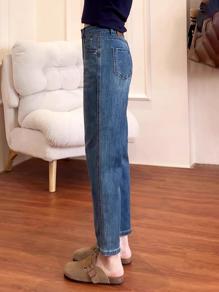 Damen Jeans mit Hoher Taille, Cropped, Formend - Gerades Bein, Lockere Passform, Große Größen, Perfekt für Birnenförmige zierliche Figuren im Frühling und Herbst.
