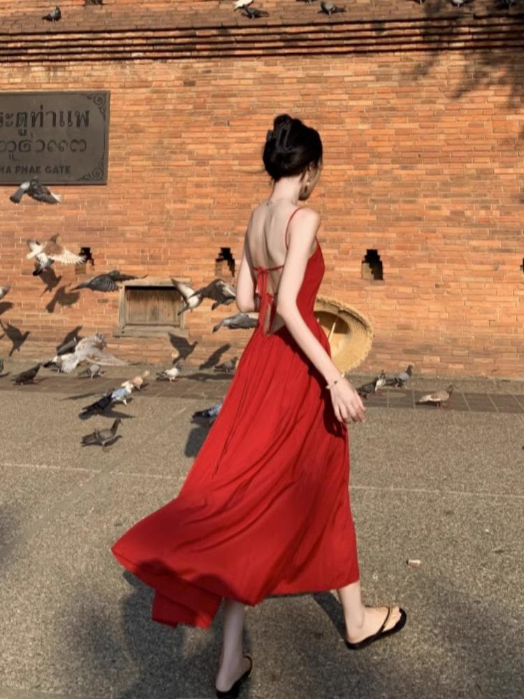 Dali Red Backless Slip Dress for Women - Perfect for Beach Vacations or Photoshoots