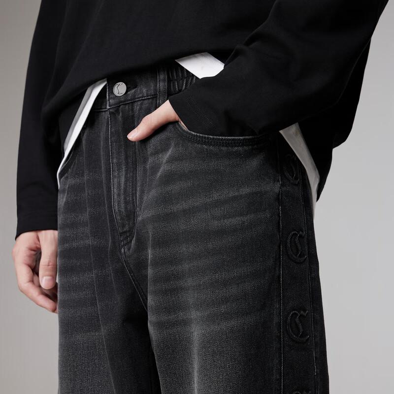 CABBEEN Men's Black Bull D9 Logo Loose Straight Denim Pants