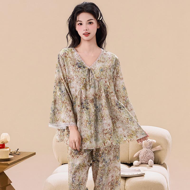 

Women s Cotton Silk Floral Pajama Set: Long-Sleeve Top, Long Pants, Trendy Two-Piece for Both Indoors & Outdoors Large