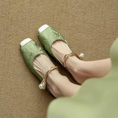 Mode Damen Square Toe Komfortabsätze Perlenriemen Mules Damen Niedrige Absätze Kleiderschuhe Geschlossene Zehen Knöchelriemen Sandalen