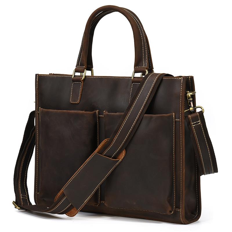 

Newsbirds Leather Handbag Men 100% Cow Skin Briefcase With Shoulder Strap Laptop Handbag With 2 Front Pockets New Designer Bag темно-коричневого кольору