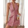 Summer Halter Strap Bow Striped Beach Shirt Dress Single-row Button Printed Backless A-shaped Sexy Suspender Party Dress Slim Mini Dress for Women