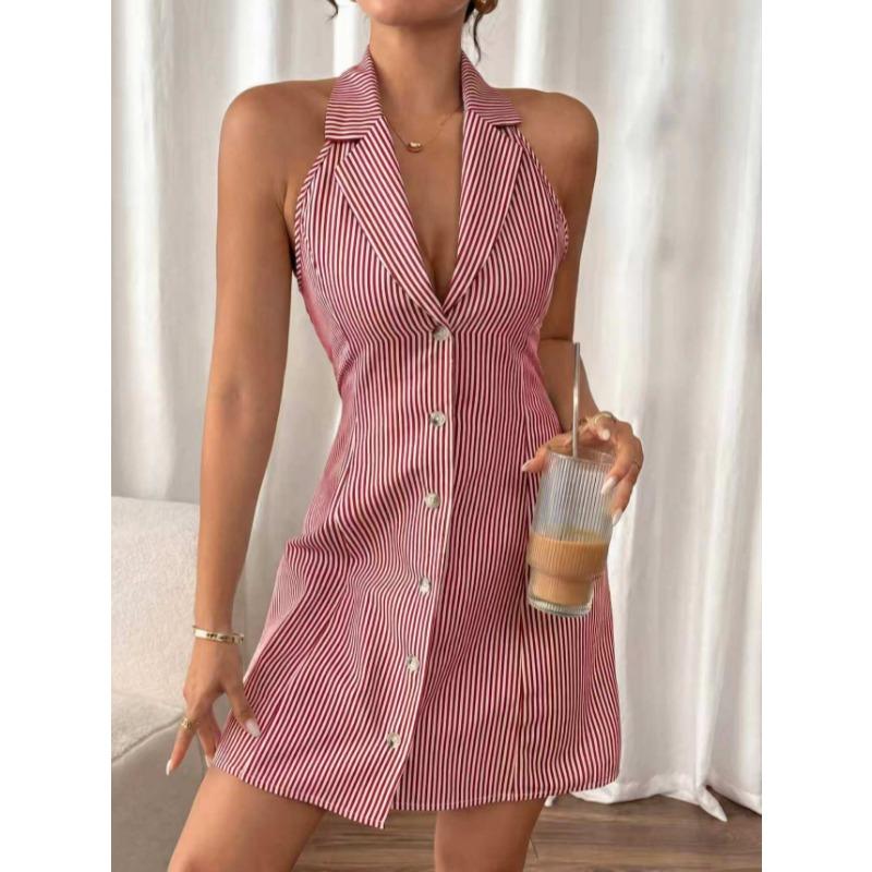 Summer Halter Strap Bow Striped Beach Shirt Dress Single-row Button Printed Backless A-shaped Sexy Suspender Party Dress Slim Mini Dress for Women