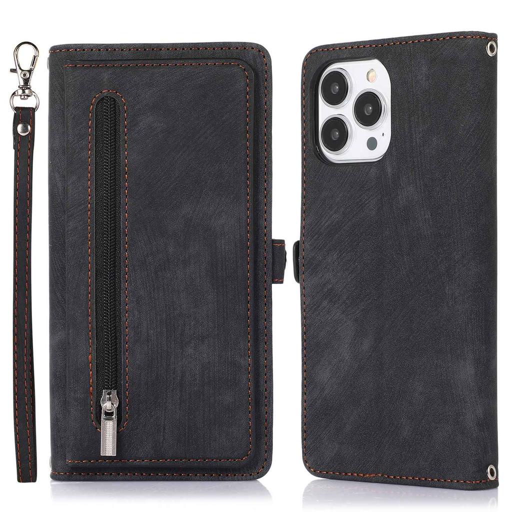 For iPhone 15 Pro Case Zipper Pocket 9 Card Slots PU Leather Phone Cover with Wrist Strap