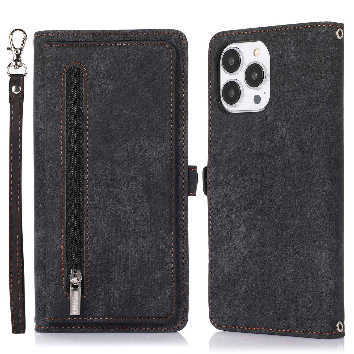 

For iPhone 15 Pro Max Case Zipper Pocket 9 Card Slots PU Leather Phone Cover with Wrist Strap Black