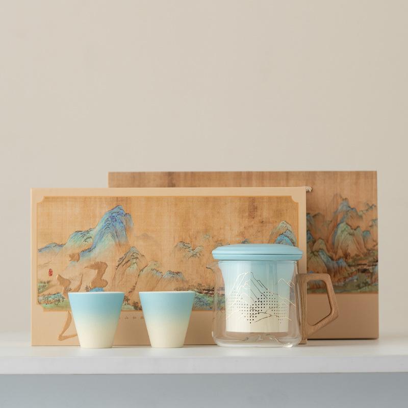 Jiangshan Glass Kuaike Cup, one pot and two cups of portable teacups, office tea separation cup gift box set