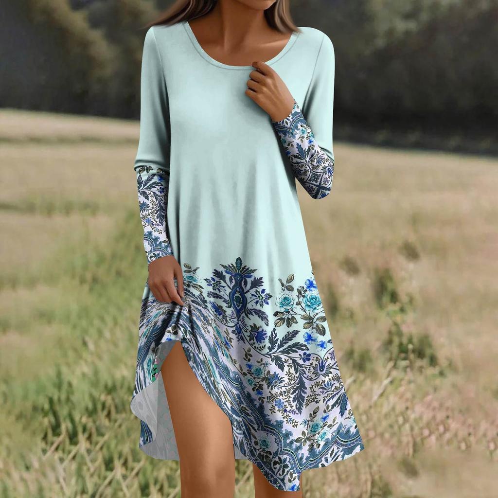 Langärmeliges Kleid für Damen Lässiges Locker sitzendes Druckkleid mit Taschen