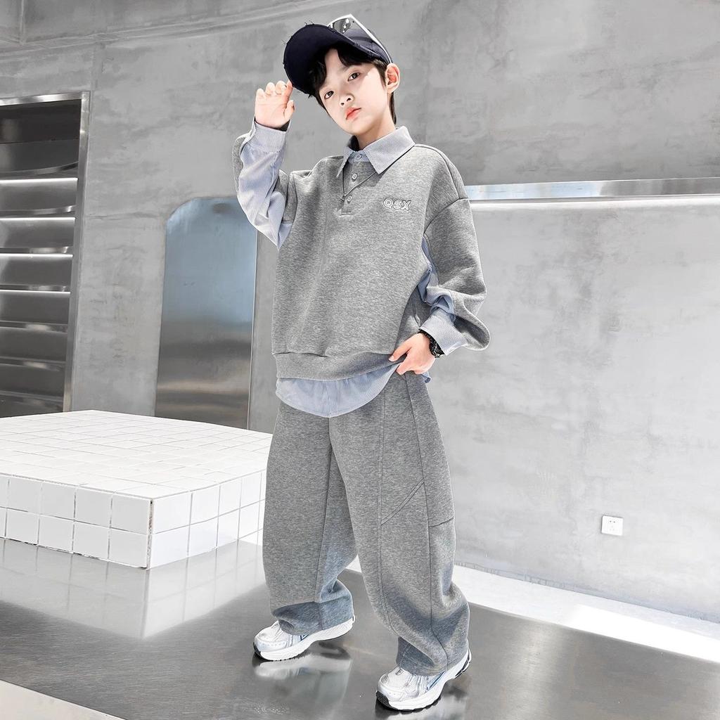 Boys' Autumn Lapel POLO Shirt Harem Pants Suit, Big Children's Korean Version of The Loose Sports Two-piece Suit