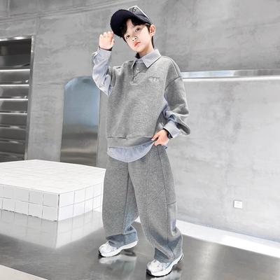 Boys' Autumn Lapel POLO Shirt Harem Pants Suit, Big Children's Korean Version of The Loose Sports Two-piece Suit