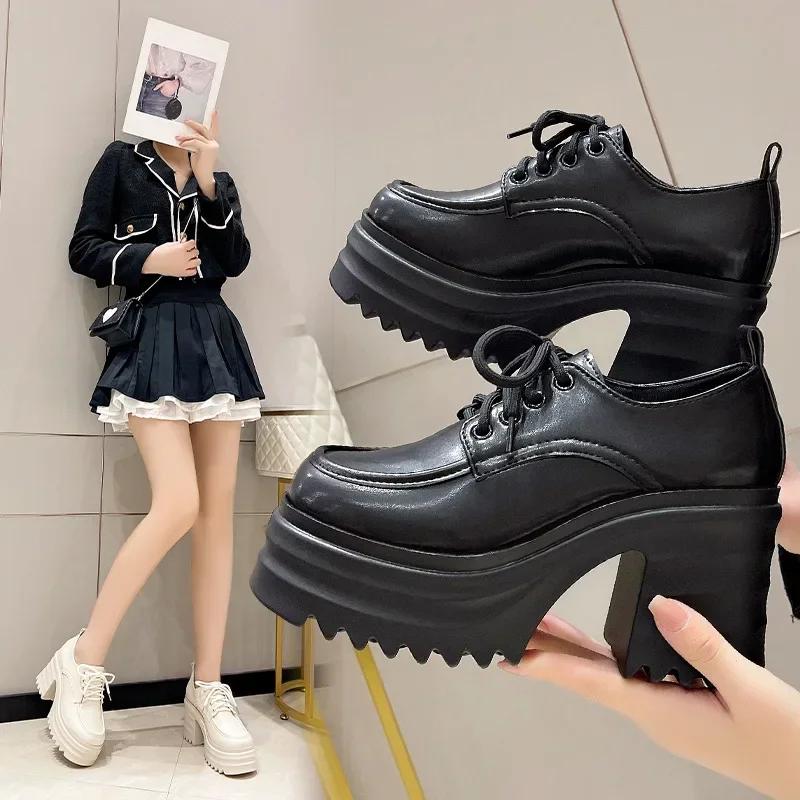 Women's Thick Heeled Lace Up High-heeled Leather Shoes 2024 Spring and Autumn New Fashion British Style Mary Jane Shoes