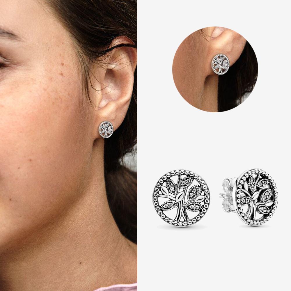 Authentic 925 Silver Cherry Blossom Bow Heart Hoop Stud Drop Earrings plata de ley Jewelry DIY Birthday Gift Original