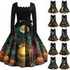 Women's Vintage Long Sleeve Square Neck Halloween Print Evening Dress for Party Occasions