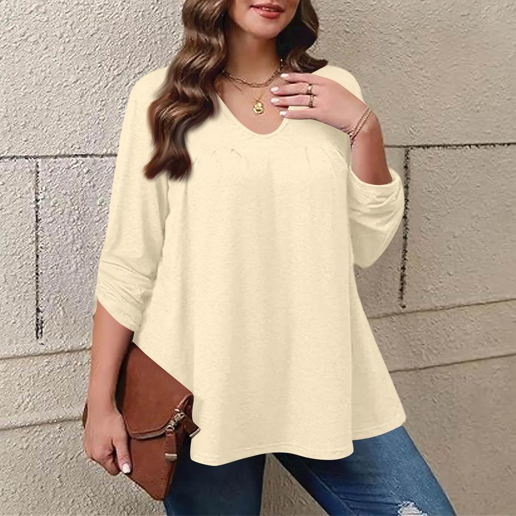 Dámská móda plus size Jednobarevný ležérní plisovaný top s kulatým výstřihem a dlouhým rukávem