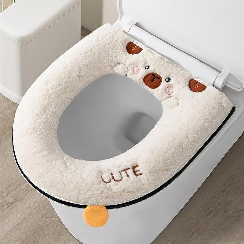 Winter Warm Toilet Seat Cover With Cartoon Bear Pattern Thicken Cushion Bathroom Essential Kids Friendly Cartoon Cover
