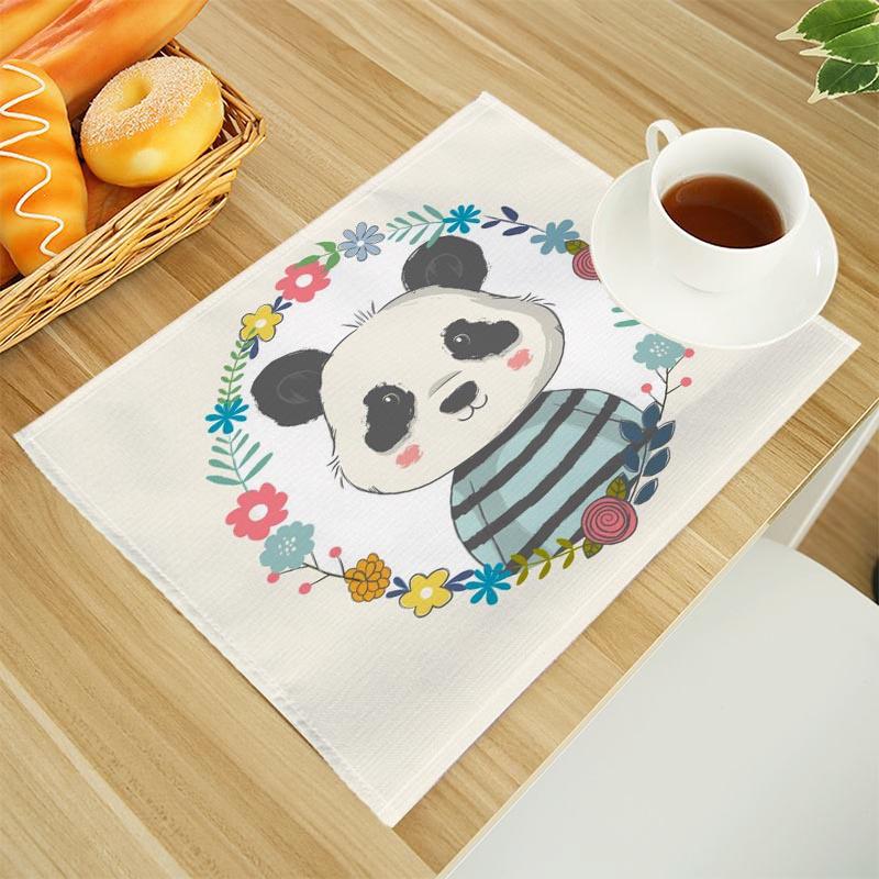 Cartoon Panda Print Linen Dining Table Mats Alphabet Kitchen Placemat 30X45cm Coasters Pads Bowl Cup Mat
