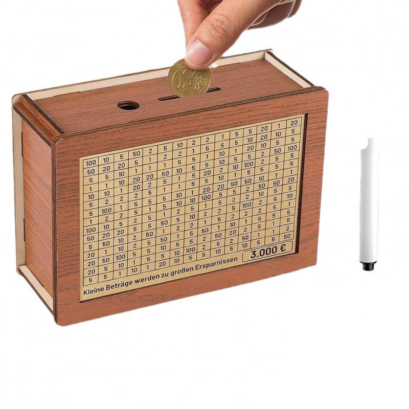 Creative Wooden DIY Piggy Bank with Money Saving Challenge Stickers