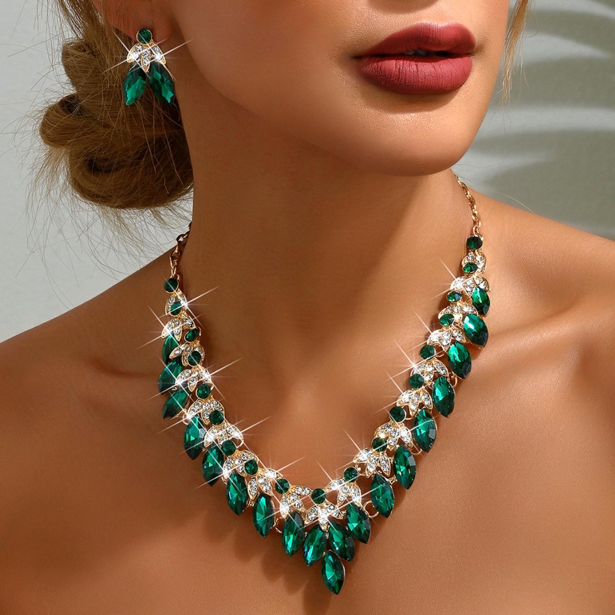 

3 предмета Сезон свадеб Женский модный тренд Полный циркон Лист Ожерелье Серьги Набор с цирконами Свадебный банкет Вечеринка Фестиваль Подарки