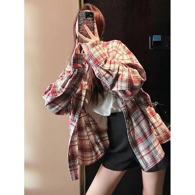 Camicia Manica Lunga Ragazzi Primavera Nuova Stile Americano Larga Collo a Revers Quadri Vintage Trendy Casual Facile da Abbinare Capospalla