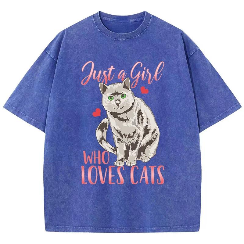 Just A Girl Who Loves Cats Print Women Distress Tshirts Summer Washed T-Shirt Breathable Tee Shirts Soft Cute Clothes