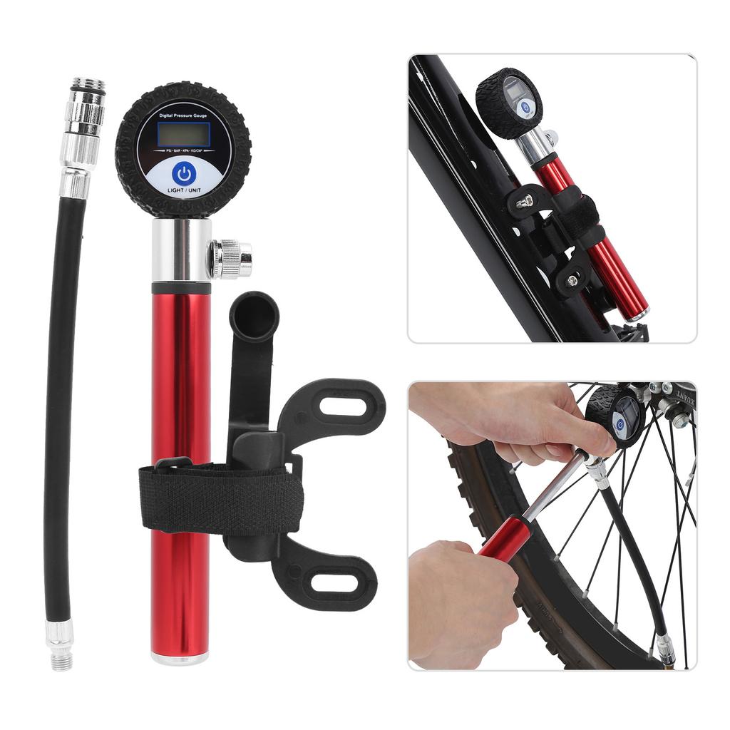 Tragbare Fahrradluftpumpe Manuelle Reifenpumpe 120PSI Hochdruck LCD Digitalanzeige Rot
