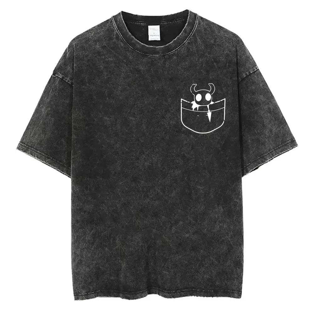 Hot Game Hollow Knight Graphic Print Tshirt Men Women Loose Casual Oversized Washed Vintage Cotton Tee Harajuku Streetwear Tops