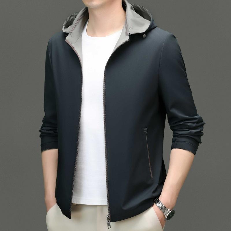 

Двусторонняя мужская куртка из шелка тутового шелкопряда, весна и осень, новый свободный верх с капюшоном, высококачественная повседневная мужская куртка в деловом стиле 195