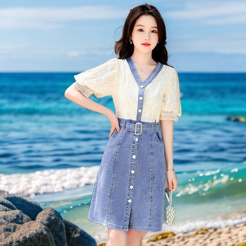 Fashionable Summer Women Dress Small Fragrance Style Lace Patchwork Denim V-Neck Unique Design