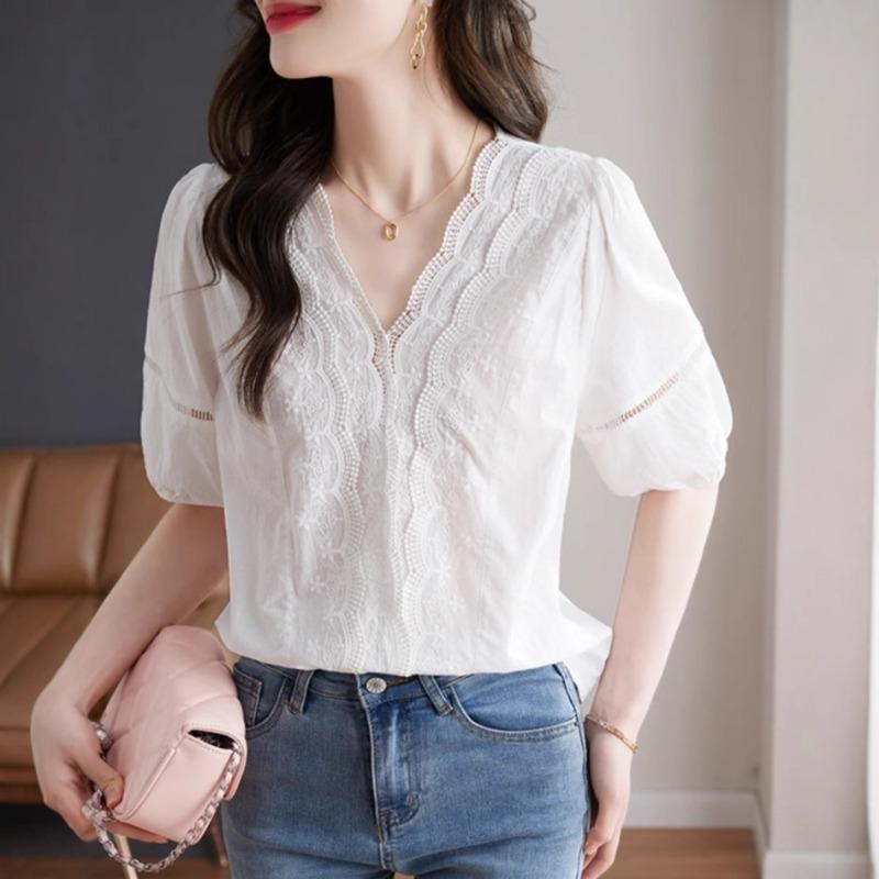 Women S French Style V Neck Lace Embroidered Thin Short Sleeve White Blouse